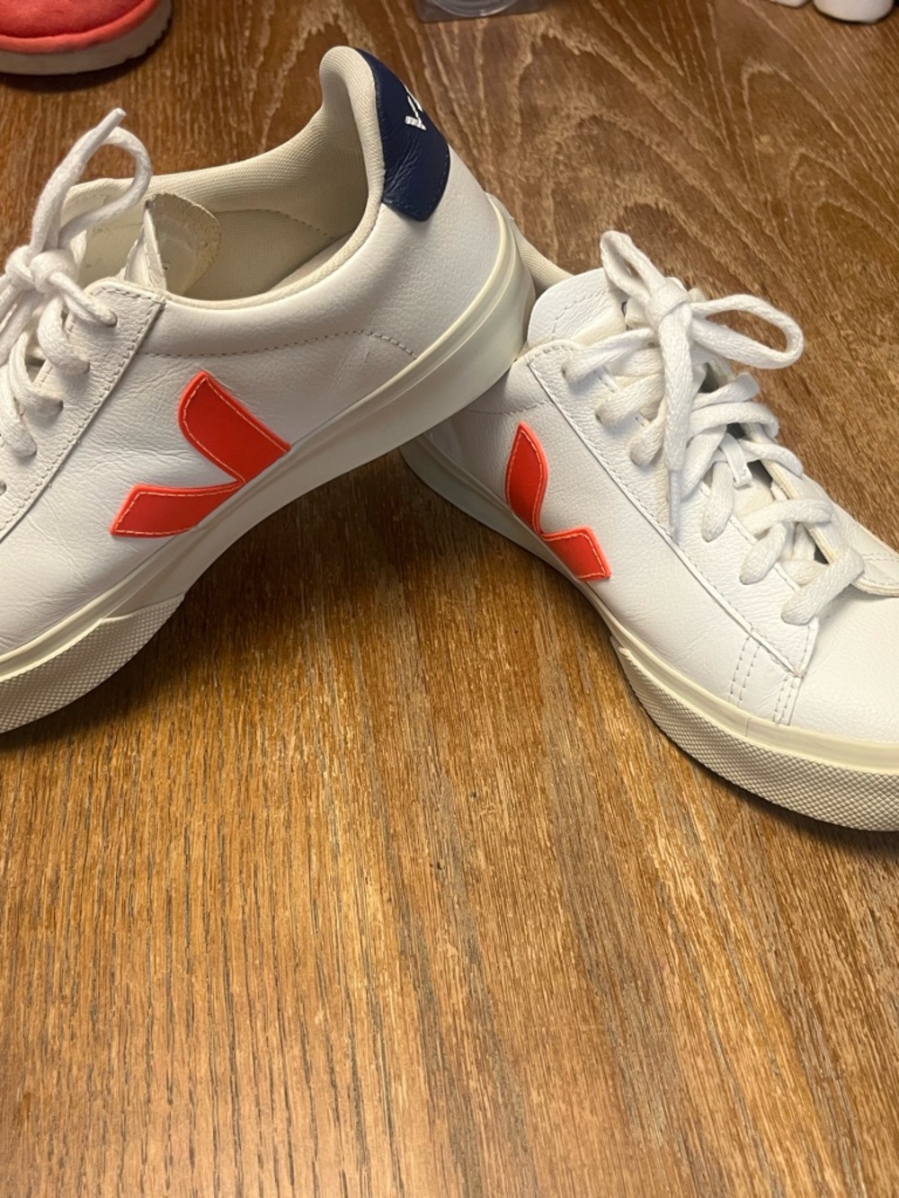 Veja White Leather Sneakers with Orange V and Navy Heel